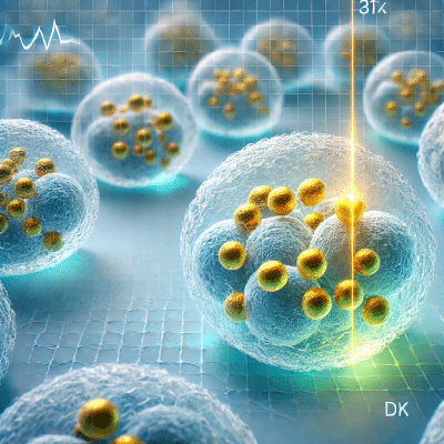 illustration showing stem cells labeled with gold nanoparticles, as described. 